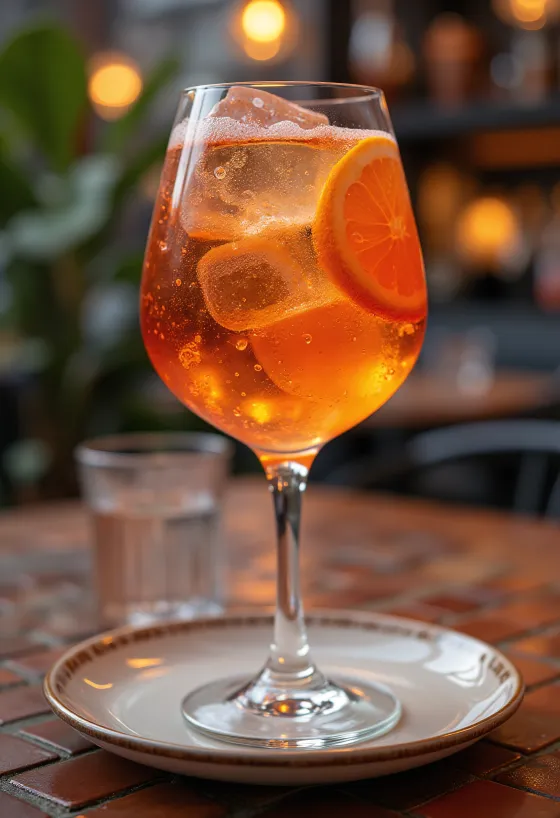 Aperol Spritz dekorerad med apelsinskiva och isbit