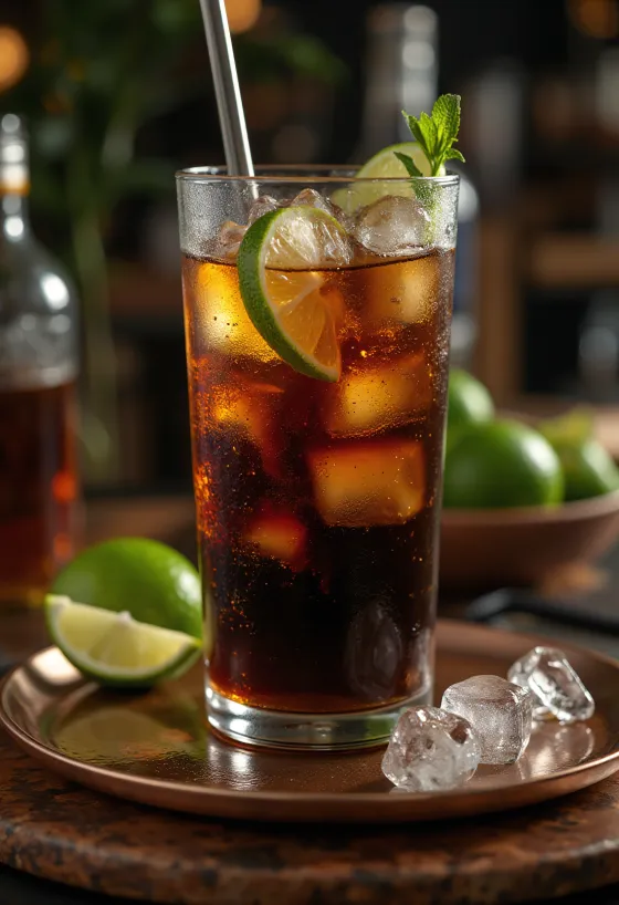 Highballglas med Cuba Libre och limeklyftor