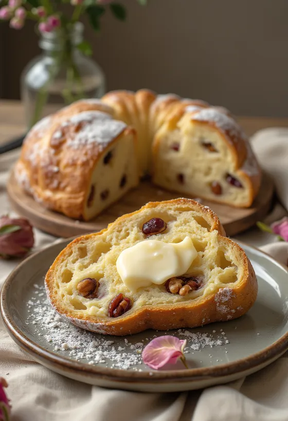 Skivad stollen med rosenvatten och valnötter, med nötter och florsocker