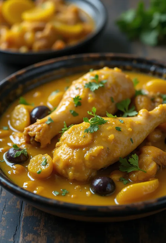 Kycklingtagine med saltinlagd citron serverad i traditionell tagine