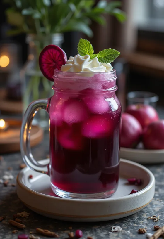 Djupröd rödbets- och äppelcider i glas