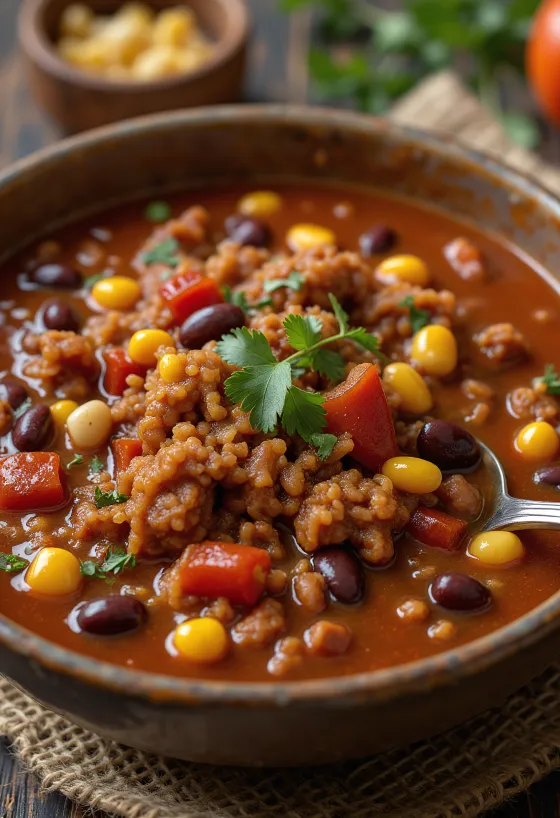 Chili con carne serverad med ris och tortillachips