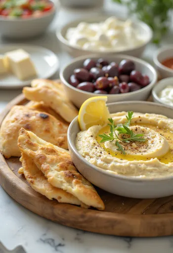 Klassisk meze-tallrik med hummus, tzatziki, fetaost, oliver och färska grönsaker