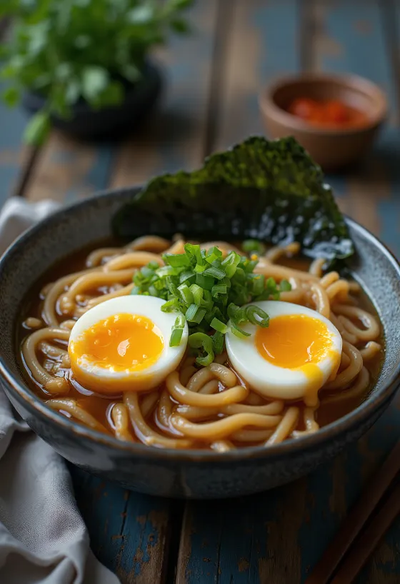 Soft boiled egg ramen serverad med perfekt löskokt ägg