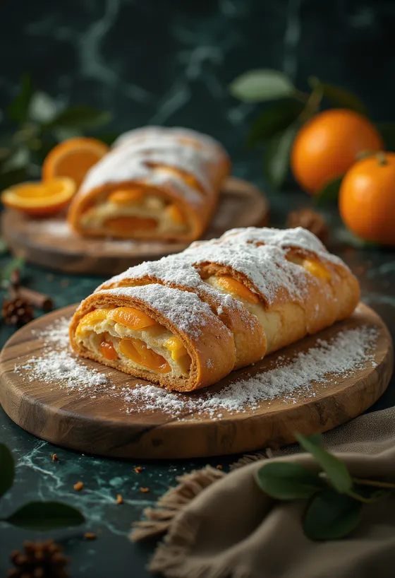 Skivad stollen med kryddnejlika och apelsin, strösslad med florsocker