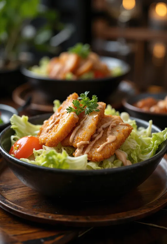 Tonkatsusallad med färsk koriander, sesamfrön och tonkatsuskivor