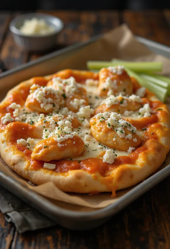 Buffalo chicken pizza med stark kyckling och blåmögelost