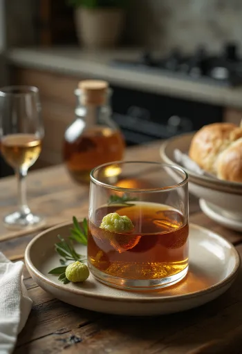 Mörk valnötssnaps i flaska och glas