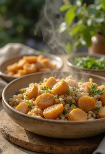 Kasha med kyckling, serverad i en enkel form, det läckra grynet och kycklingen syns tydligt