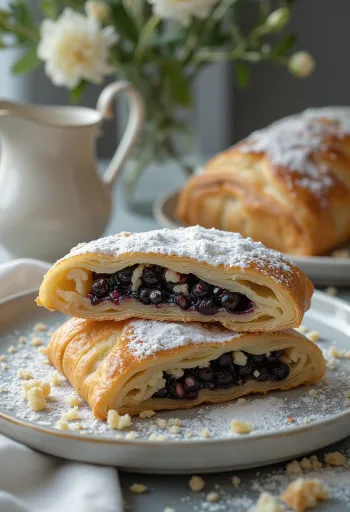 Nybakad vallmostrudel med krispig deg, skuren i bitar, pudrad med florsocker.