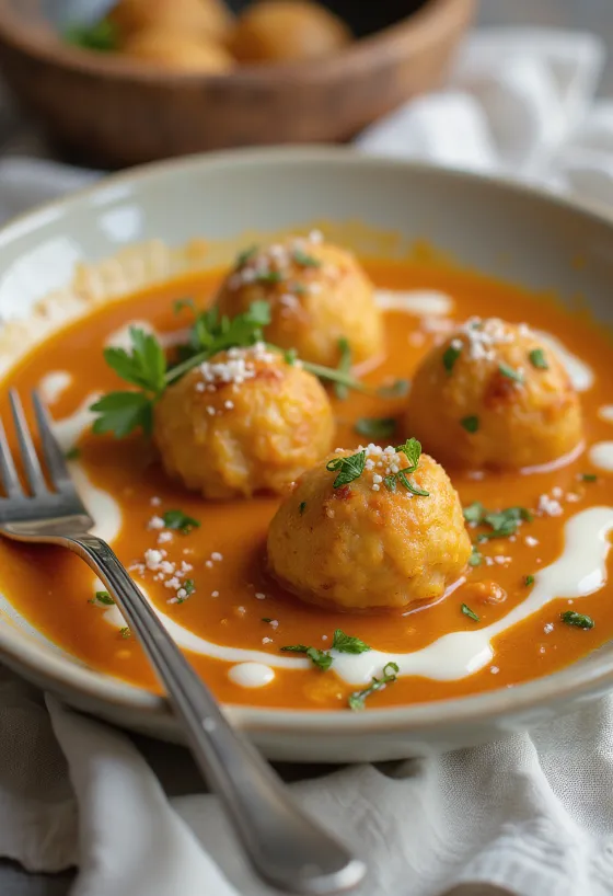 Malai Kofta curry serverad i rik, krämig sås, garnerad med färsk koriander.