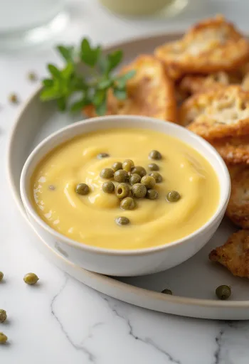 Senapssås med honung och kapris i en skål, dekorerad med kapris och färsk persilja.