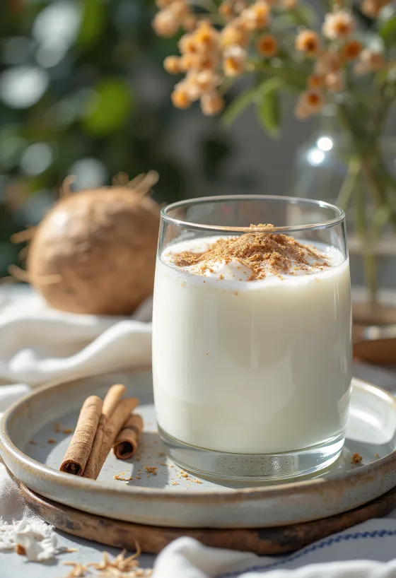 Kokos- och kanelkefir i glas, ljus krämig dryck strösslad med kokos och kanel
