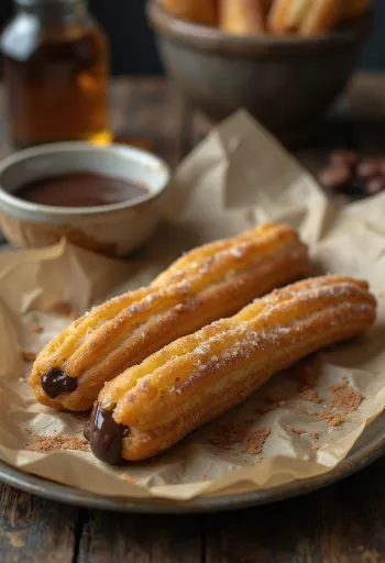 Fyllda churros med gyllenbrun, krispig utsida serverad med chokladkräm