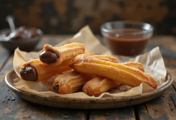 Fyllda churros med gyllenbrun, krispig utsida serverad med chokladkräm
