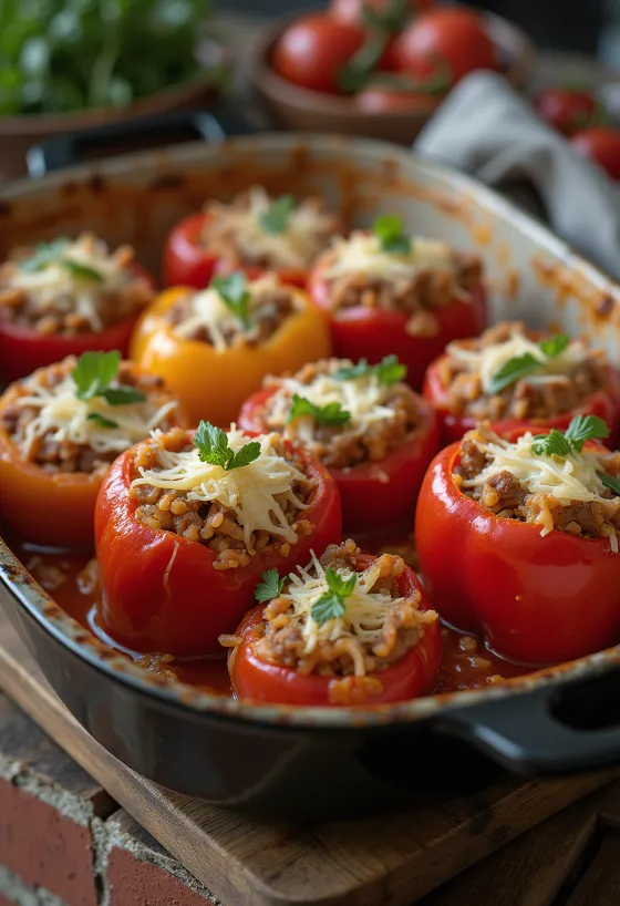 Fylld paprika med köttfärs serverad