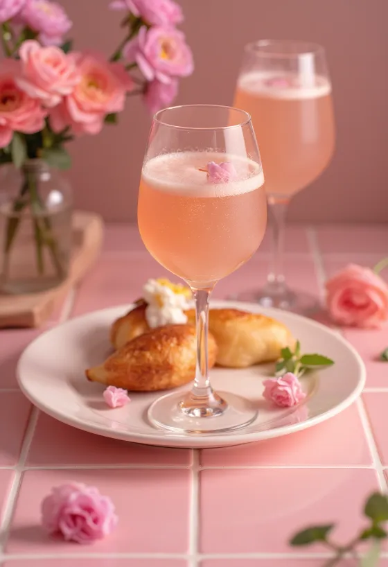 Bellini-cocktail dekorerad med färsk persikopuré och prosecco