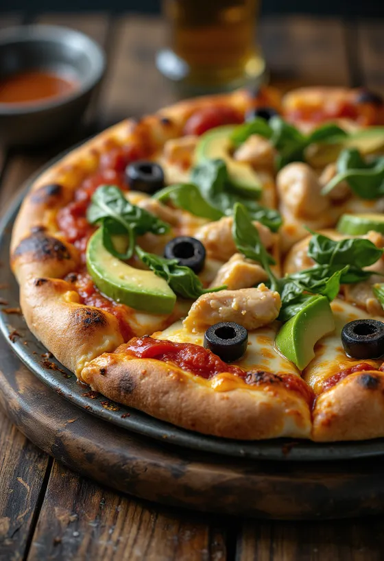 California Pizza med färsk avokado, kycklingbröst och spenat