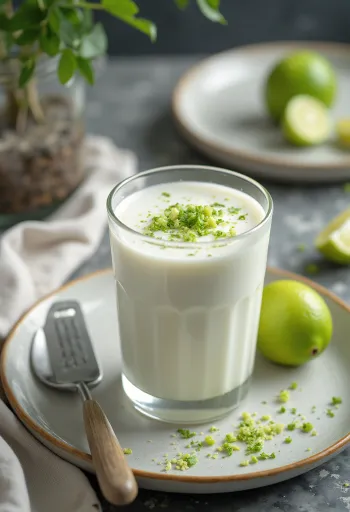 Kokos- och limekefir i glas, ljus krämig färg, dekorerad med limeskal