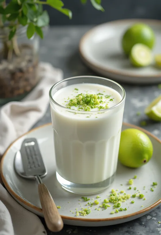 Kokos- och limekefir i glas, ljus krämig färg, dekorerad med limeskal