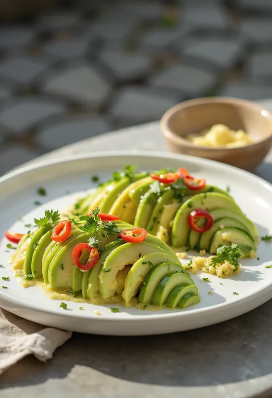 Vegansk Tiradito med avokado, morot och gurka, dekorerad med färsk koriander.