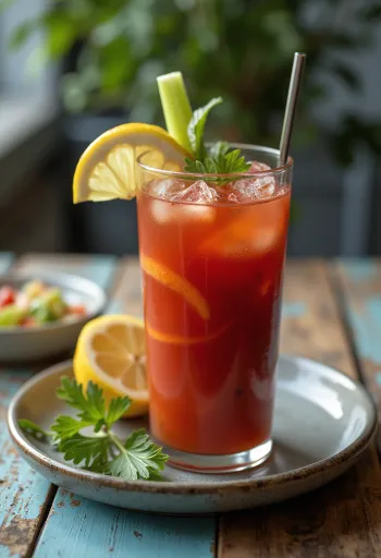 Bloody Mary-cocktail dekorerad med selleristjälk och citronskiva