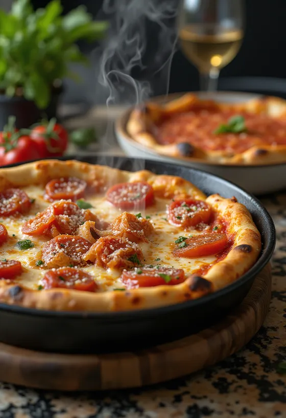Chicago Deep-Dish Pizza med mycket ost och tomatsås