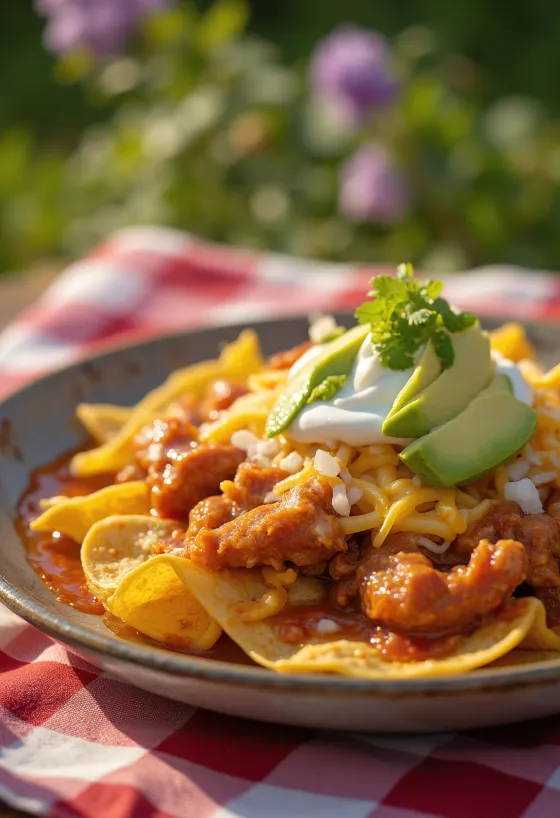 Chilaquiles med kyckling enchilada, tortillastrimlor, enchiladasås, kyckling, avokado, ost och korianderdekoration
