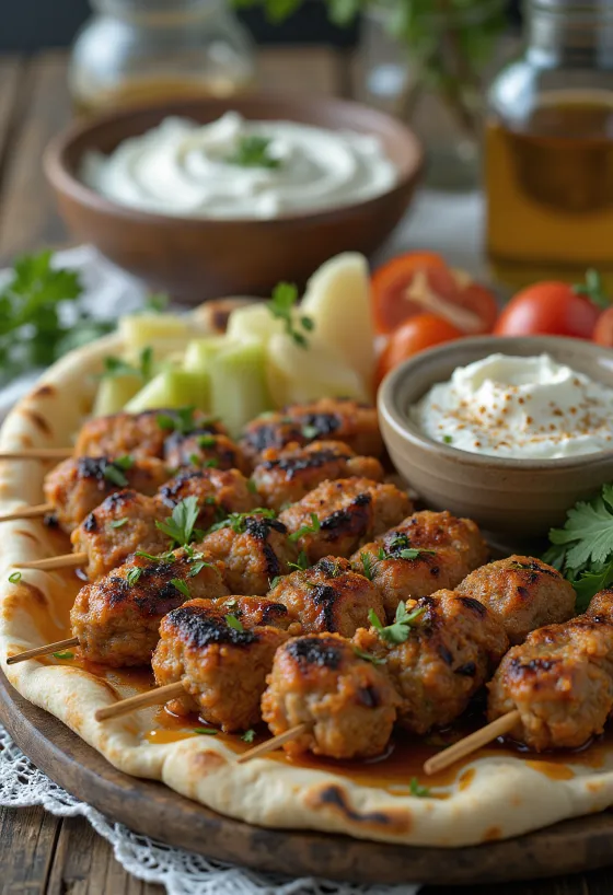 Kafta serverad med färskt pitabröd och sallad