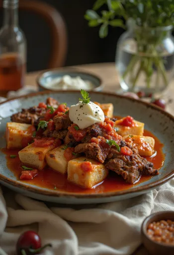 Klassisk Iskender kebab serverad med yoghurt-vitlökssås och rostad pita