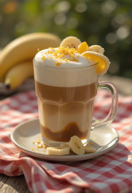 Apelsin- och bananlatte, krämig kaffedryck garnerad med apelsinskal