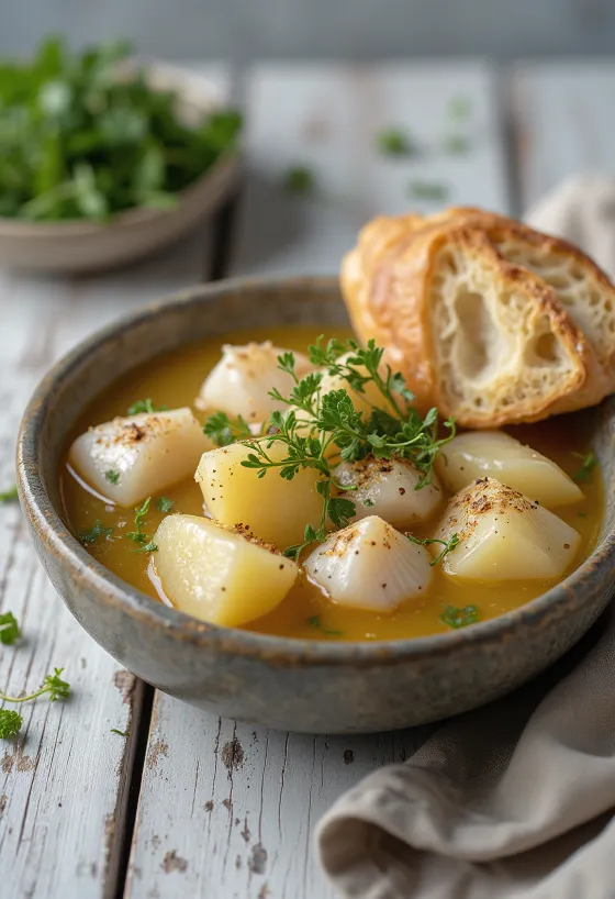 Psarosoupa med potatis, rik fisksoppa serverad med färsk olivolja och citronsaft