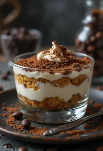 Klassisk tiramisu, lager av savoiardikex och kakaopulver på toppen