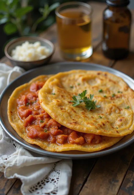 Tomato dosa nygräddad, krispig, serverad med tomatfyllning
