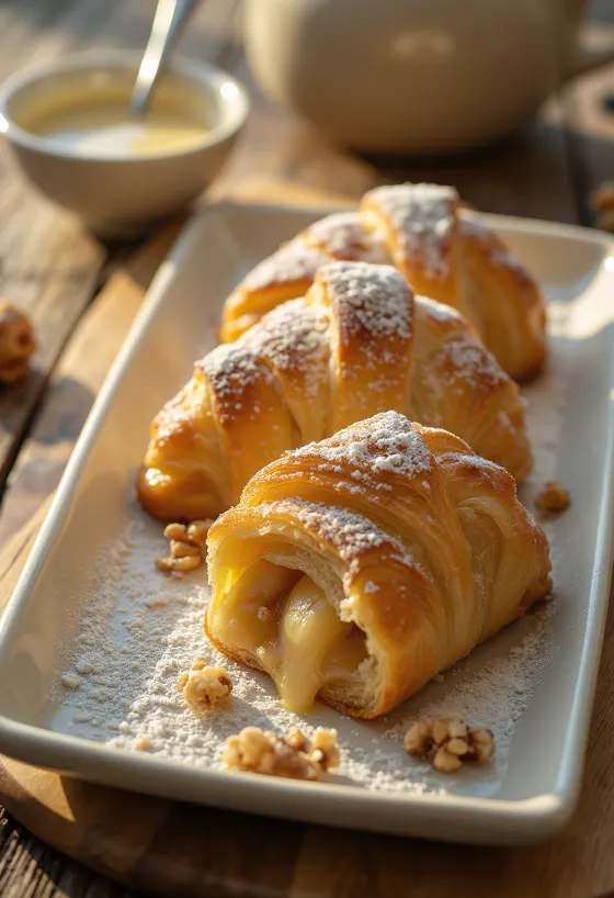 Krispig äppelstrudel fylld med färska äpplen, pudrad med florsocker