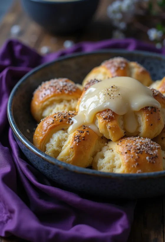 Mákos guba pudrad med florsocker, serverad med vaniljsås