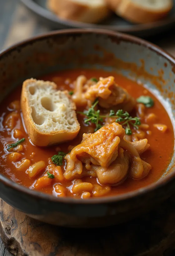 Komagegryta med saftig, kryddig sås, serverad med färskt bröd