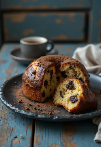 Panettone med mörk choklad serverad i skivor, mjukt inre