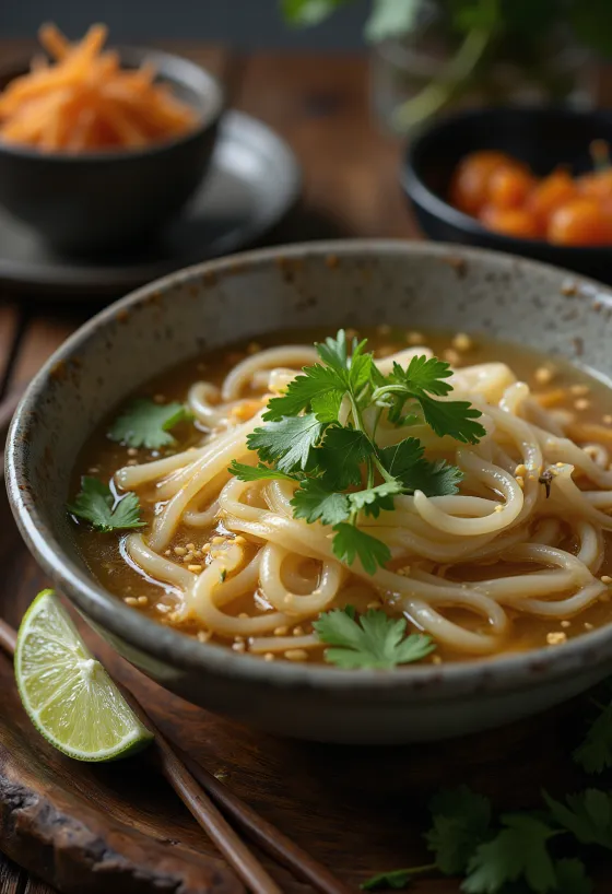 Pho med sesamolja serverad i skål med sesamolja, risnudlar, färsk koriander och limeskivor
