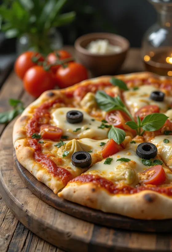 Medelhavspizza med oliver, tomat och kronärtskocka