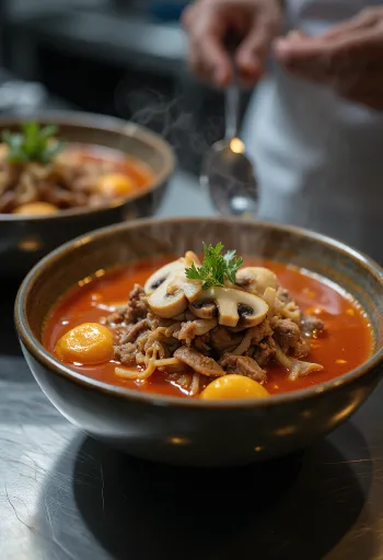 Yukgaejang med stekt svamp, koreansk biffsoppa med stekt svamp