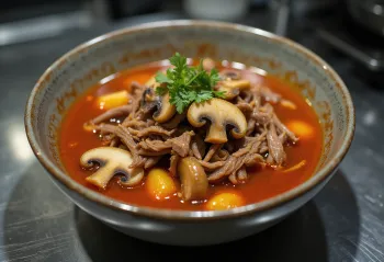 Yukgaejang med stekt svamp, koreansk biffsoppa med stekt svamp
