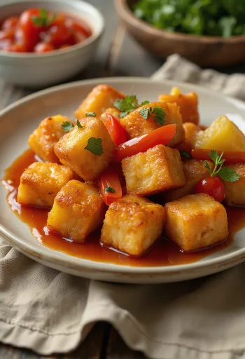 Krispig stekt tofu med sötsur sås serverad
