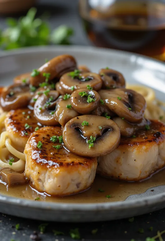 Kalvscaloppini Marsala serverad med svamp och färsk persilja