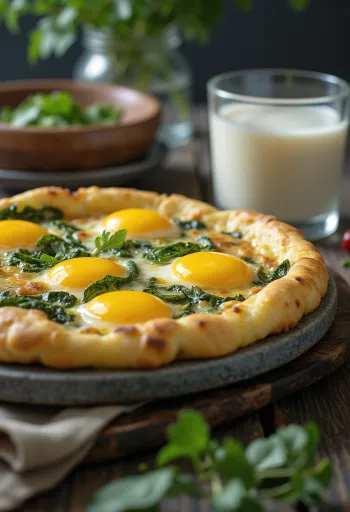 Färsk gözleme med ägg, serverad med spenat och feta