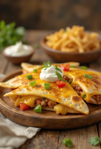 Fylld quesadilla skuren i tårtbitar på tallrik