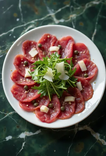 Hjortcarpaccio garnerad med ruccola och parmesan