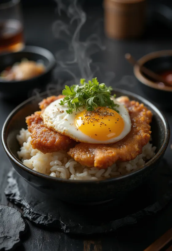 Katsudon serverad med krispigt fläskkött och salladslök