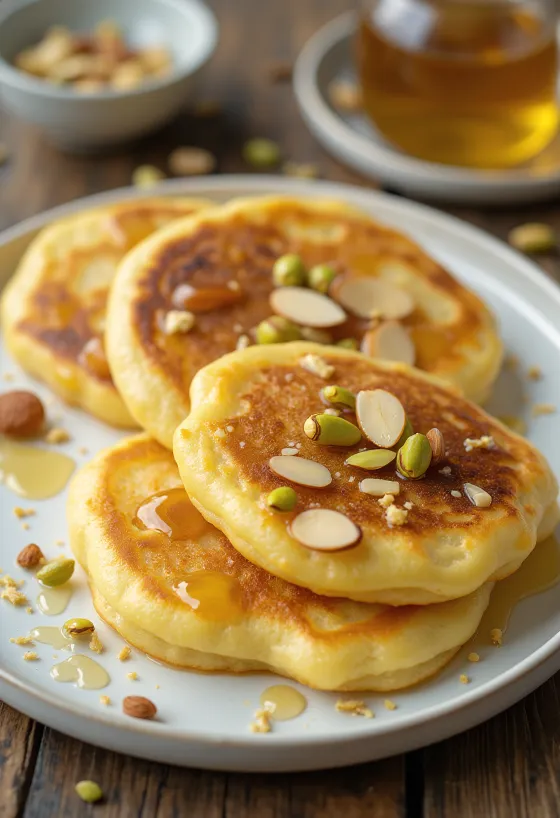 Malpua-pannkaka serverad med honung och pistagenötter
