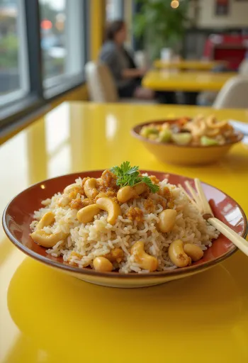 Stekt ris med cashewnötter serverat